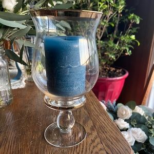 Glass Candle Holder w/ Gold Rim plus blue candle if desired